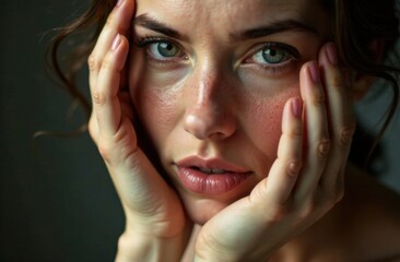 A woman with vivid green eyes gently holds her face, conveying deep emotion and introspection in soft, natural light. Generative AI