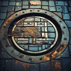 Fototapeta premium Urban Manhole Cover with Concrete Texture