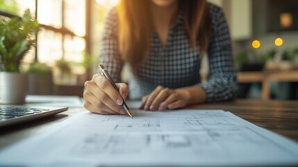 Professional Woman Working on Architectural Blueprints at a Modern Workspace on a Sunny Afternoon