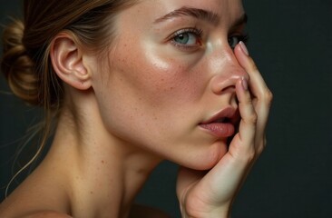 Fototapeta premium A young woman with flawless skin and striking features gazes thoughtfully, fingers lightly touching her face, creating an intimate atmosphere. Generative AI