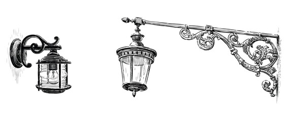 Sketches of two vintage streetlights, ancient lanterns, realistic hand drawings, vector illustration isolated on white