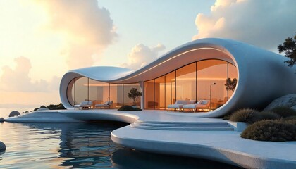 a house with a glass roof sits on a rock overlooking the ocean.