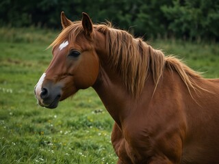 Obraz premium Brown horse grazing in a green pasture with flowing mane.