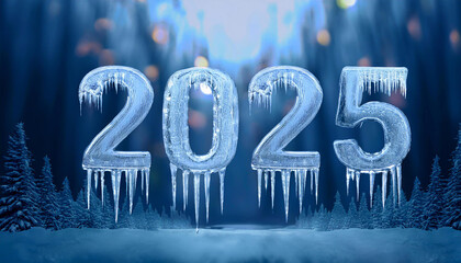 Fototapeta na wymiar Nowy rok 2025 , lodowy mroźny napis. Sylwester zima