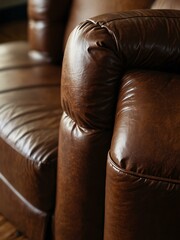 Brown leather couch close-up in a living room.