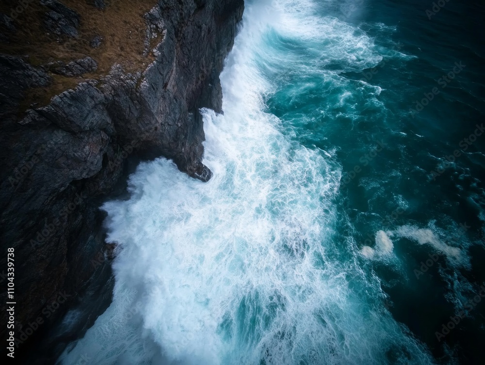 Poster Giant ocean waves collide powerfully with sharp cliffs, sending sea foam swirling across the rocky shore, creating an exhilarating atmosphere