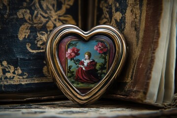 A heart-shaped locket open to reveal a miniature painting, on a backdrop of an old book,