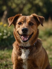 Fototapeta premium Brown mixed breed dog walking with a happy face.