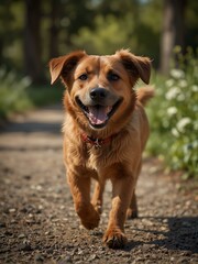 Fototapeta premium Brown mixed breed dog walking with a happy face.