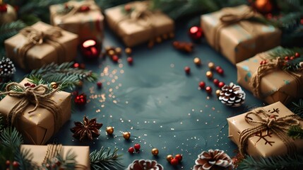 A blue background with a bunch of presents and pine cones
