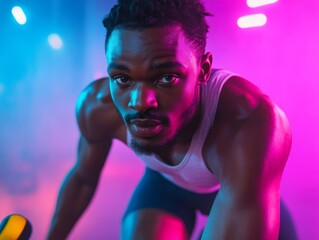 A man exudes determination as he pedals vigorously on a spin bike, sweat glistening on his skin, surrounded by colorful neon lights in a fitness studio
