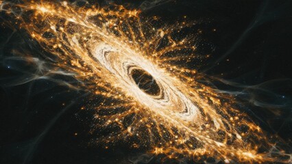 An abstract composition depicting a golden galaxy of light particles. The composition is filled with shimmering, shining golden particles that form a mesmerizing celestial pattern.