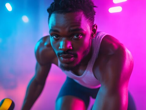 A man exudes determination as he pedals vigorously on a spin bike, sweat glistening on his skin, surrounded by colorful neon lights in a fitness studio