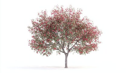  a tree with red flowers on a white background It is a 3D model of an apple tree, with its branches and leaves clearly visible The tree is rendered in 3D, giving i