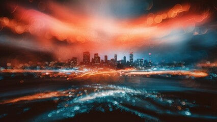 Obraz premium The background of the night urban landscape in orange, pink and blue tones creates a fascinating atmosphere. The foreground consists of intricate patterns and shapes, and the lights twinkle like stars