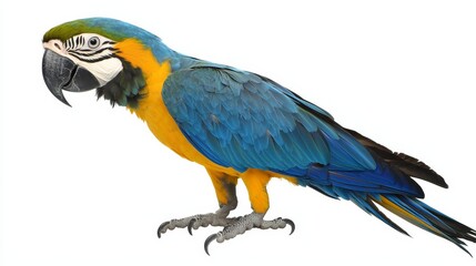 Fototapeta premium a blue and yellow macaw perched on a white background Its feathers are a mix of blue, yellow, and black, creating a vibrant and eye-catching display