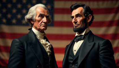 Historical Portrait of Two Significant American Leaders Against a Flag Backdrop