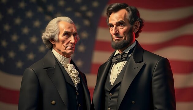 Historical Portrait of Two Significant American Leaders Against a Flag Backdrop