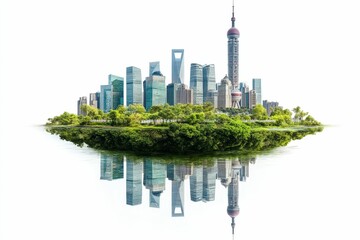Fototapeta premium Urban skyline, green island, water reflection.