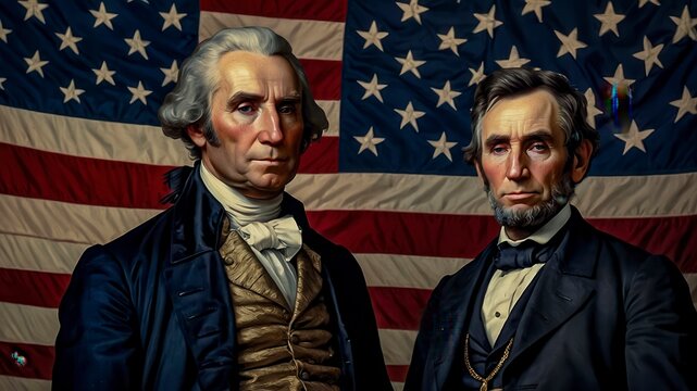 Prominent Figures in American History Stand Together Against a Patriotic Backdrop