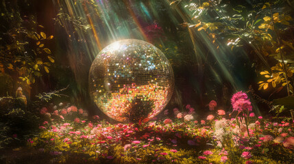 Enchanting disco ball in lush forest clearing with sunlit flowers