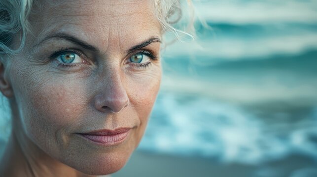  an older woman with white hair and blue eyes standing on the beach, with a blurred background She appears to be looking off into the distance, perhaps contemplatin