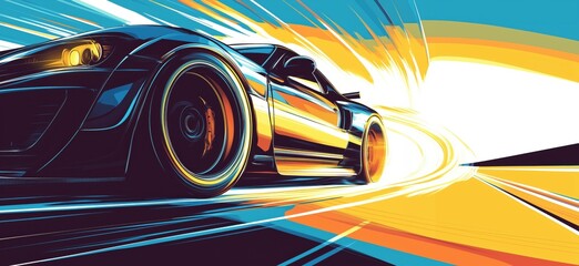 Dynamic racing car illustration, sleek design, vibrant colors, motion blur, modern art style, copy space for text
