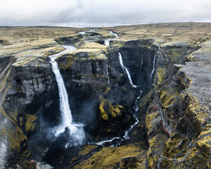 Aerial image of the iconic waterfall Haifoss on Iceland