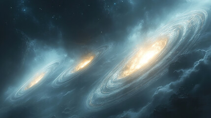 Fototapeta premium Stunning view of three spiral galaxies amidst swirling cosmic clouds in deep space. Generative AI