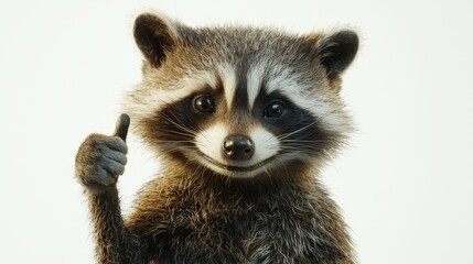  a baby raccoon giving a thumbs up, with its brown, black and white fur standing out against the white background