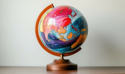 A colorful globe sits on a wooden stand, representing global connection, geography, and exploration, set against a serene background