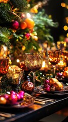 Elegant Christmas Dining Table with Festive Decorations and Crystal Glassware