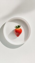 きれいな背景の白い皿の上に新鮮なイチゴを載せたミニマルな航空写真