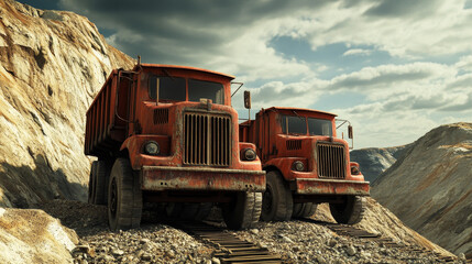 Two powerful diesel-electric trucks, designed for use in modern mines and quarries, are shown hauling industrial quantities of ore or coal.