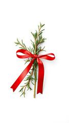 A sprig of fresh rosemary tied with a red ribbon against a pure white background,  foliage,  rustic,  flowers, fresh rosemary