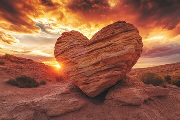 A heart-shaped rock formation in a desert landscape, with a dramatic sunset sky behind it,
