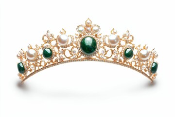 Fototapeta premium Ornate gold tiara; pearls, green gems.