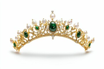 Fototapeta premium Ornate gold tiara; pearls, green gems.