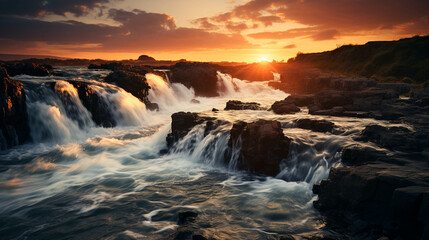Fototapeta premium A majestic waterfall with a sunset in the background