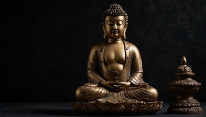 Buddha statue or model against a black background.