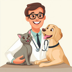 veterinarian with dog and cat