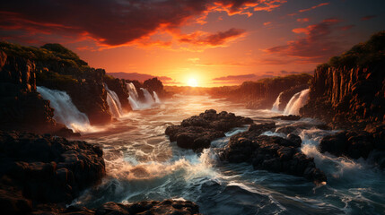 Fototapeta premium A majestic waterfall with a sunset in the background