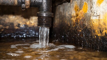  a close up of a pipe with water coming out of it, with a wall in the background The water is flowing from the pipe, creating a stream of water that is visible at t