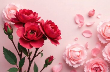 Fototapeta premium Red roses stand beautifully among scattered pink petals on a gentle pastel surface, creating an eye-catching floral composition. Generative AI
