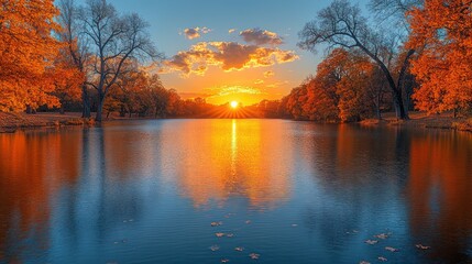 Autumn sunset over calm lake reflecting colorful trees.