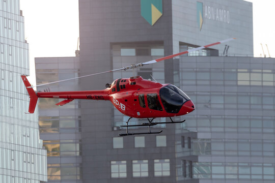 Bell 505 Jet Ranger X helicopter arriving at the RAI Amsterdam Convention Centre. Amsterdam, The Netherlands - Nov 2, 2024