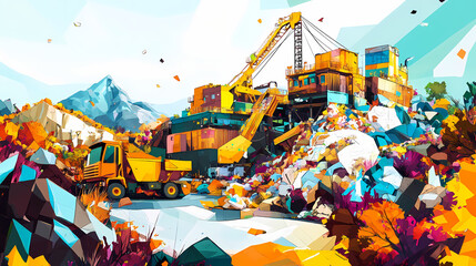 Vibrant waste management facility transforming trash into treasures and set against a kaleidoscopic backdrop. Kaleidoscopic. Illustration