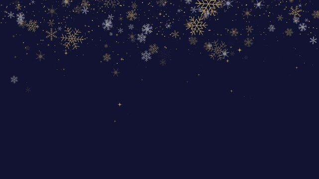 Festive Merry Christmas and Happy New Year. Border of gold and white snowflakes and a Christmas star. Winter dark blue loop background with falling snow.