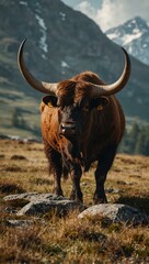 Bull with large horns on a mountain.