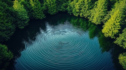 Aerial view of a tranquil pond surrounded by lush green forest, showing concentric ripples on the water's surface.